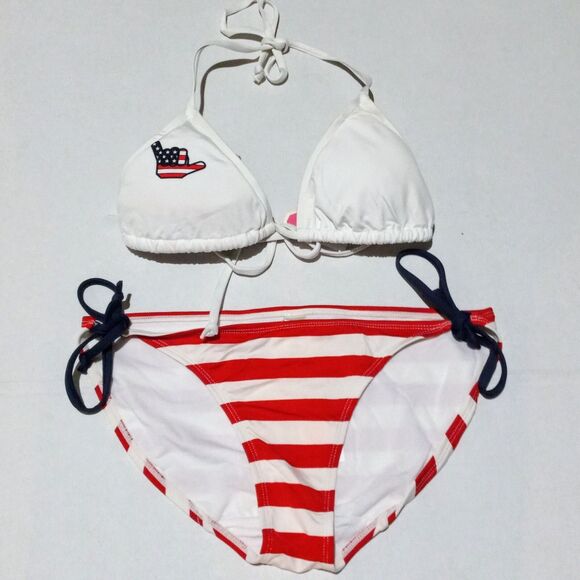 Vtg Old Navy American Flag String Bikini-Small-Shaka-Hang Loose-Y2K-Lined-NEW - Picture 1 of 10